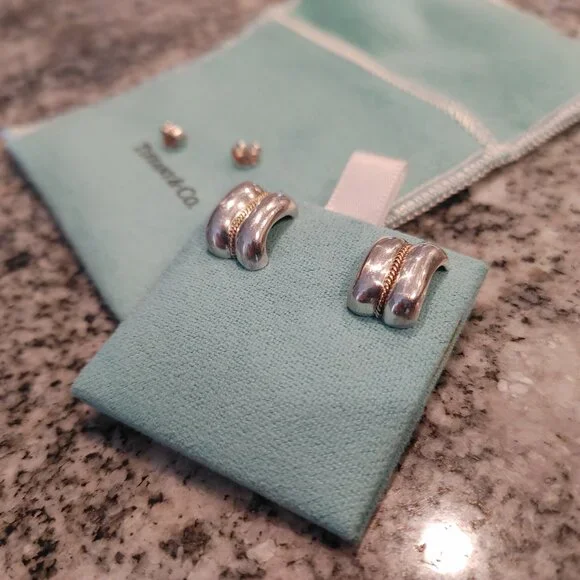 Tiffany & Co. Sterling Silver and 14K Yellow Gold Rope Stud Earrings with pouch - Picture 2 of 16